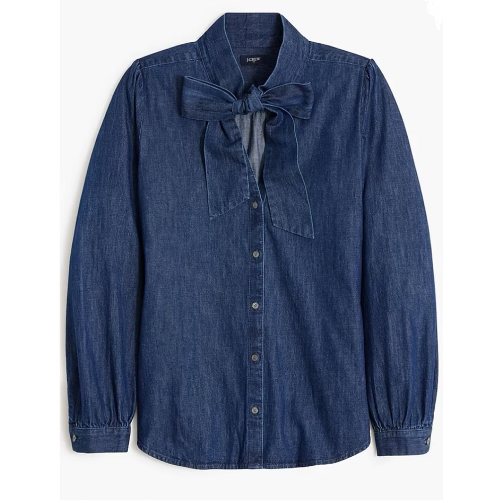 J Crew Bow Chambray Tie Neck Blouse XS